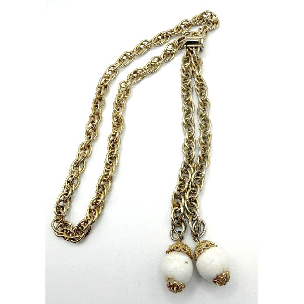Vintage Gold Tone Slider Necklace White Bead‎ Drops Adjustable 26"